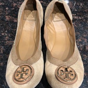Tory Burch Ballerina Reva Flats Tan & Gold Size 9